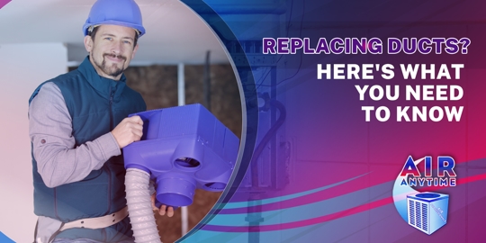 A man in a hard hat holds a large, purple air duct. Text about replacing ducts is visible.