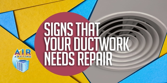 A wall-mounted air vent and text about signs that ductwork needs repair.