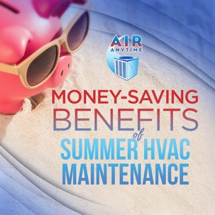 A pink piggy bank wearing sunglasses. Text about money-saving HVAC maintenance in summer.